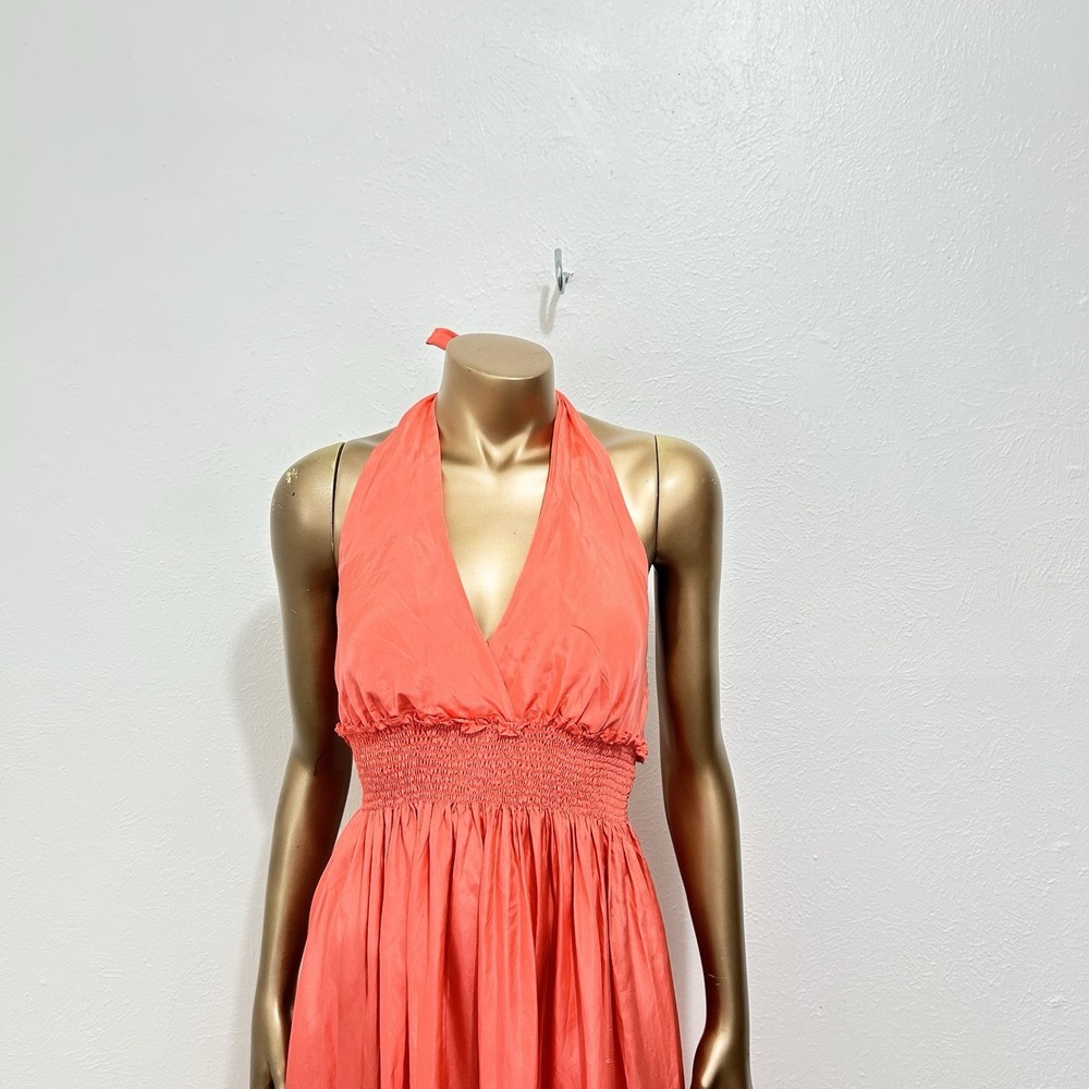 BCBG Maxazria Halter Dress Sz XS 100% Silk Coral Tiered Wedding Guest Party Midi - Picture 2 of 10